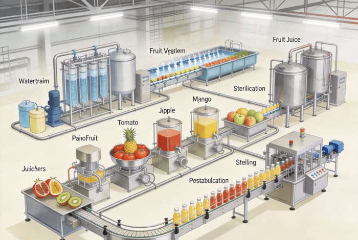 Une ligne complète de production de jus de fruits
