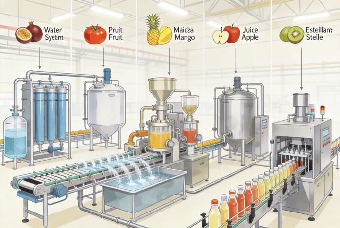 Composition d'une ligne de production de jus de fruits